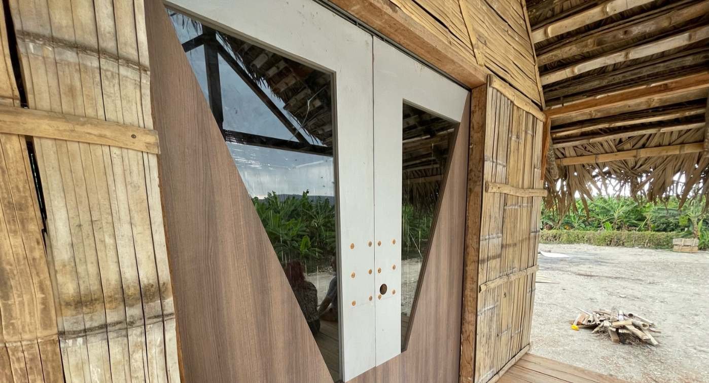 Cabin under construction front doors.