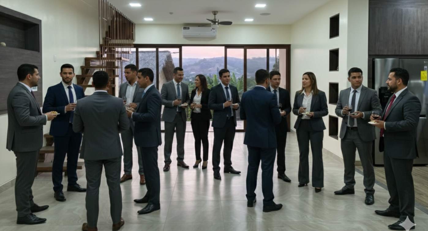 Business men in suits in living room/