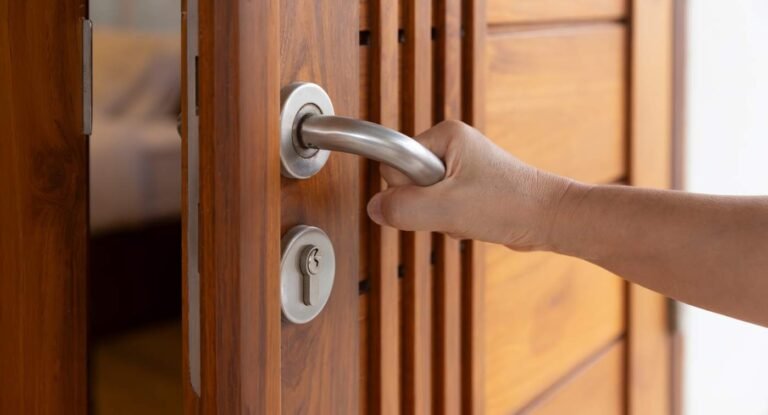 Hand opening heavy door.