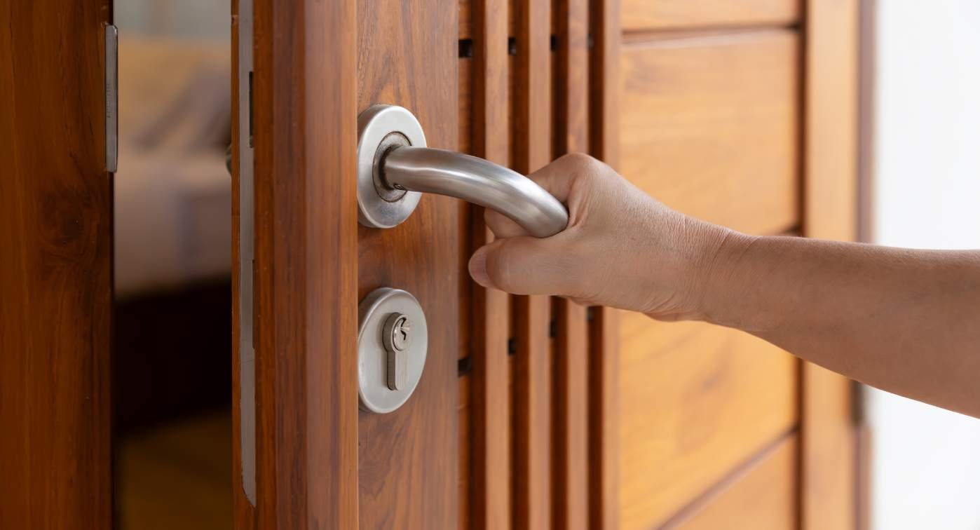 Hand opening heavy door.